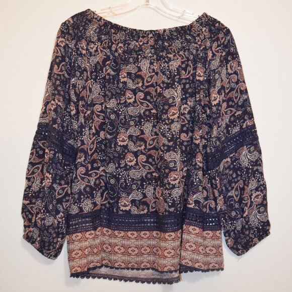 KNOX ROSE Rayon Cotton Lace Flare Peasant Style Boat-Neck Elastic Blouse XS - Picture 2 of 11